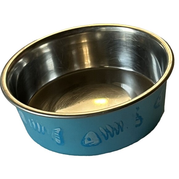 Pet Cat Dog Dish Stainless Steel Metal Food Water Bowl FISH BONE Blue Dishwasher - Picture 2 of 4